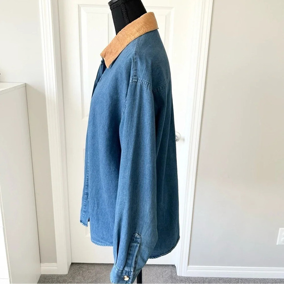 Vintage 90s Rhythm  Blue Removable Embroidery Collar Chambray Button Down Shirt - Picture 3 of 16